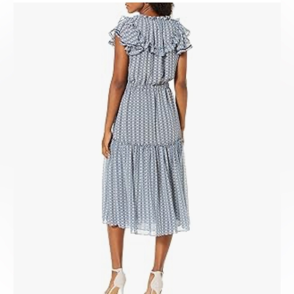 MISA Los Angeles Melissa Dress Blue Geometric Printed Chiffon Ruffled - Picture 3 of 7